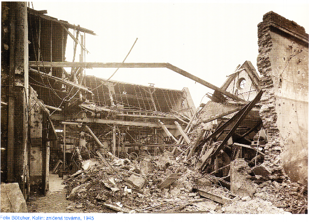 Rozbombardovaná továreň firmy Böttcher počas Druhej svetovej vojny